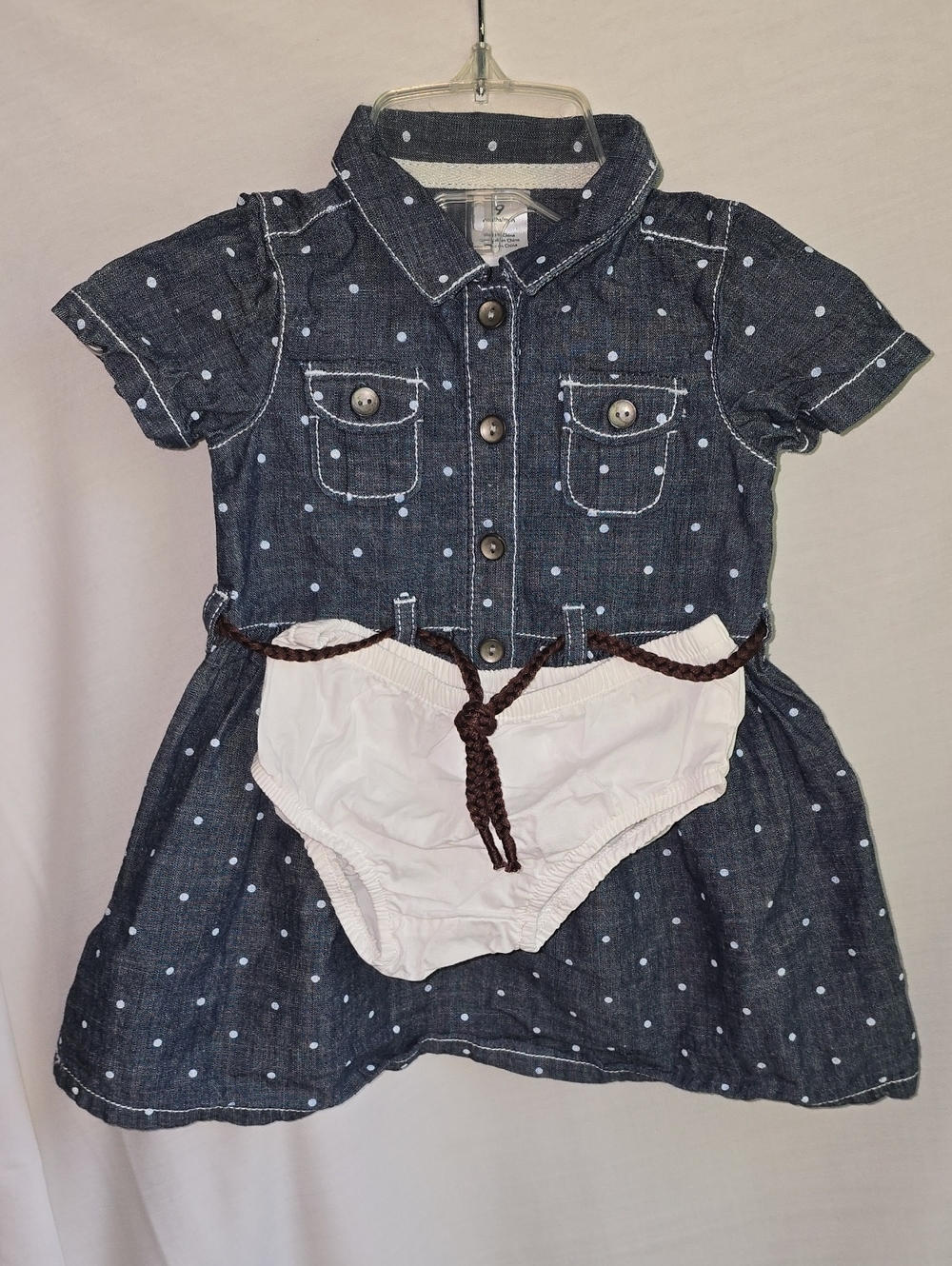 Carter's Navy Polka Dot Denim-Style Dress with White Bloomers and Brown Belt